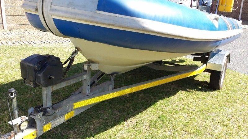 4.9m Rubber duck with 2 x 30 Mariners on licensed galvanized breakneck trailer