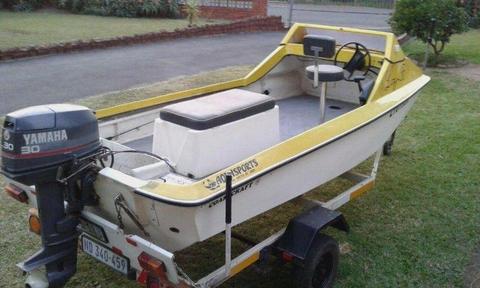 Bay boat , trailer and 30hp Yamaha – R19,500.00 onco