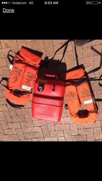 Boat petrol tank and 2 life jackets
