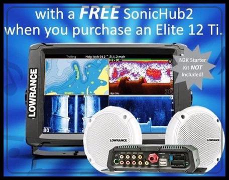 LOWRANCE ELITE 12TI WITH T/SCAN TRANSDUCER WITH FREE SONIC HUB2 & CASH BACK OFFER