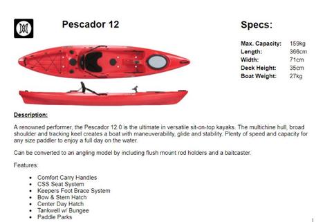 New Pescador 12 Kayak + Extras
