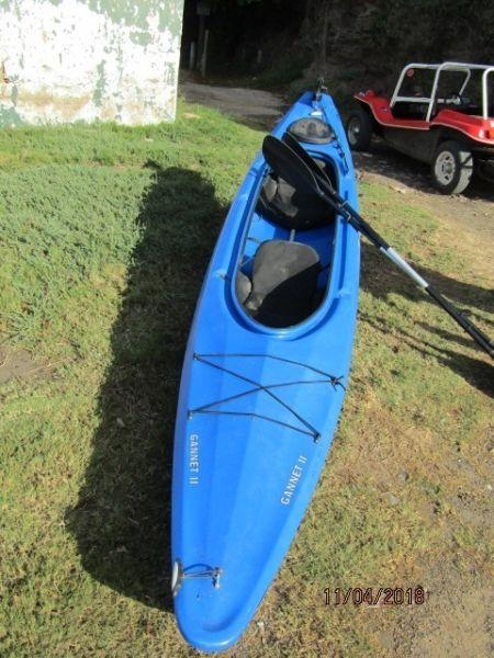Kayak: Necky Gannet 11. 4.5m double with splash covers and paddles and launch dolly. R5000