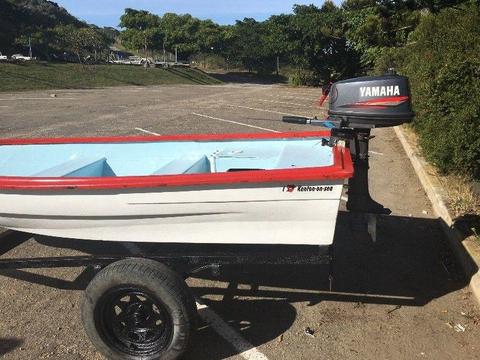 Open river boat for sale, with 5HP Yamaha motor and trailer