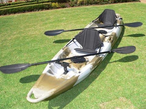 Pioneer Kayak tandem kayak, used 1 weekend, includes paddles seats & rod holders