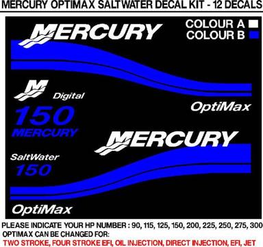 Mercury Optimax saltwater 150 HP motor cowl decals stickers graphics sets