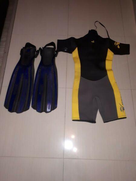 Large Divers flippers (USED) and Hobie Cat wetsuit (NEW-Medium) 